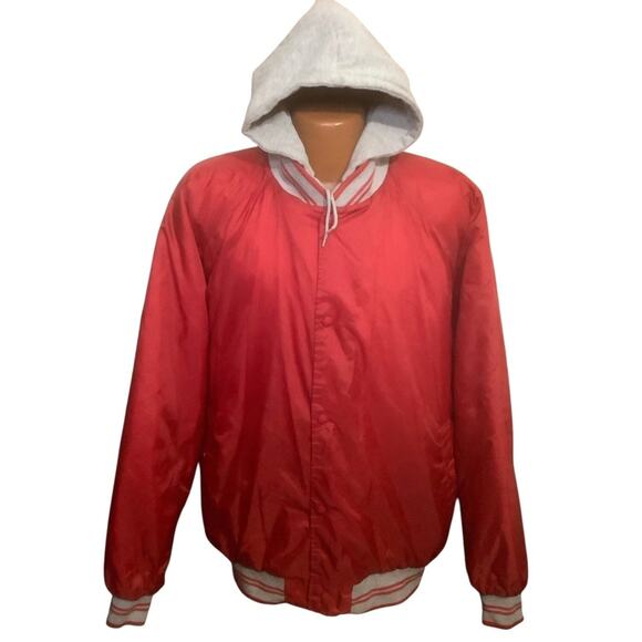 Vtg 90s Cabela's Men Sz XL Red/Gray Full Zip/Snaps Hooded Varsity Bomber Jacket - Picture 14 of 15
